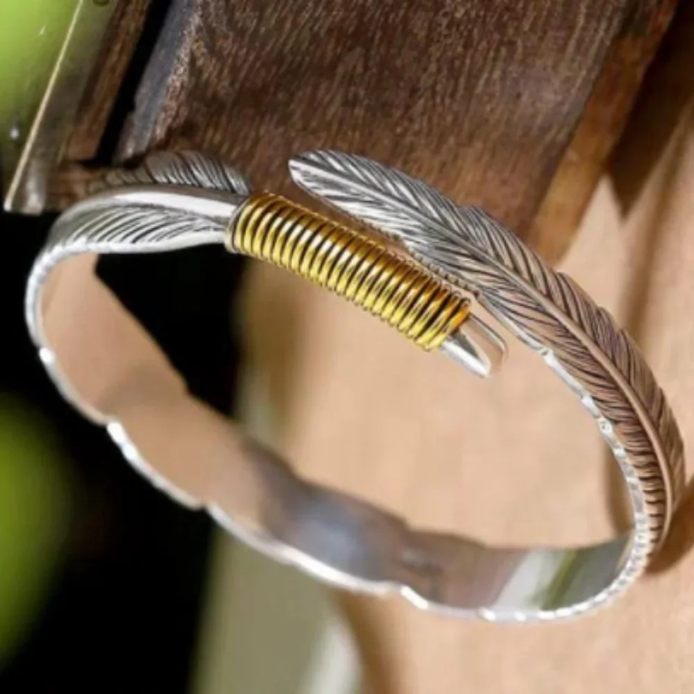 Takahashi Goro's Handmade Silver Golden Feather Cuff Bracelet Bangle Han…